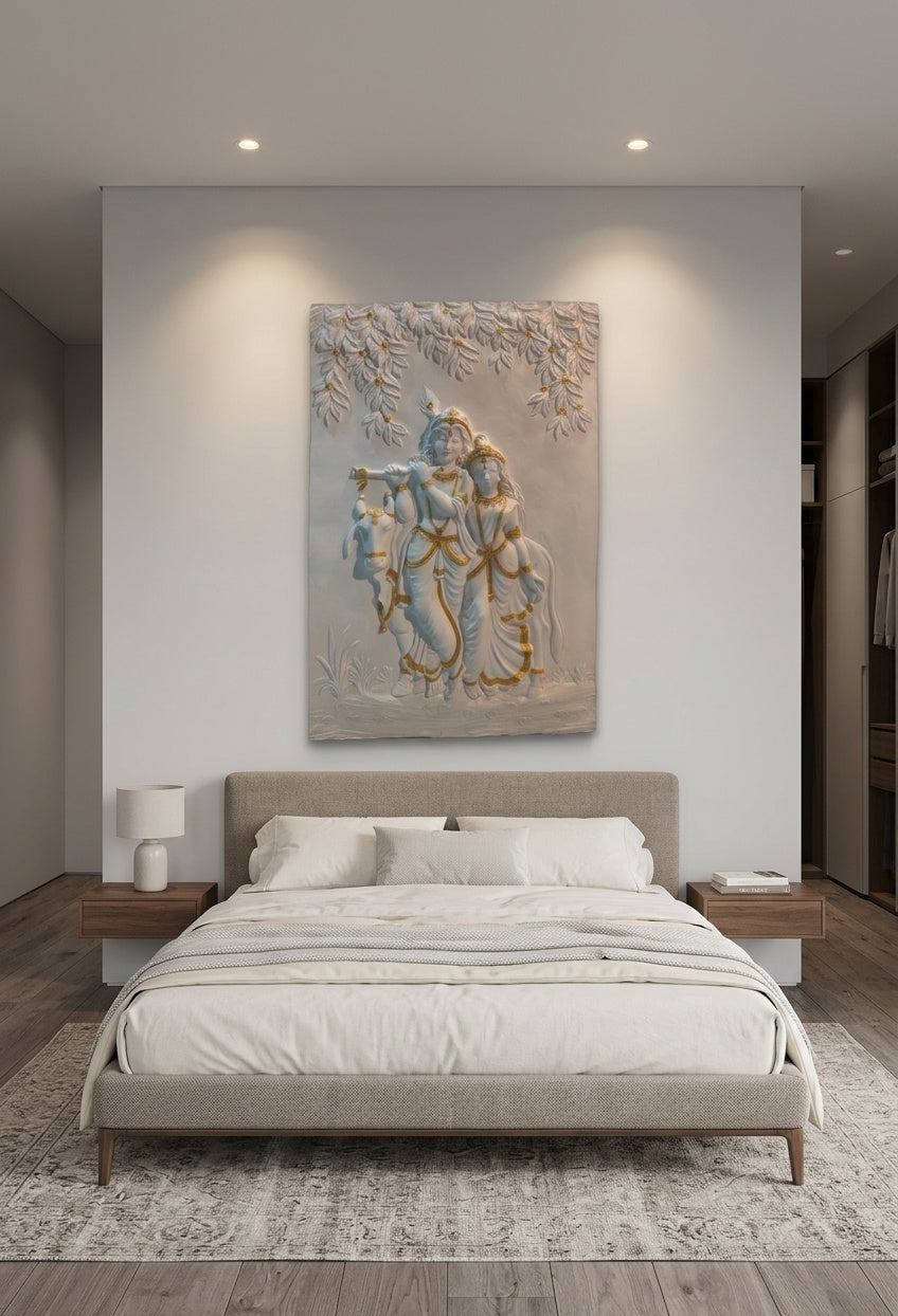 Radha Krishna with Sacred Cow 3D Relief Wall Art Mural - Room Mockup 3