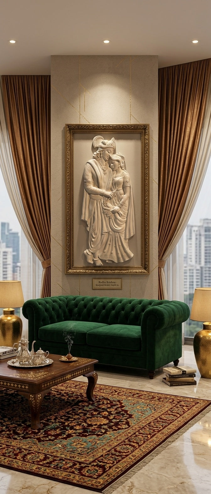 Divine Radha Krishna 3D Relief Sculpture Wall Art Panel - Room Mockup 1