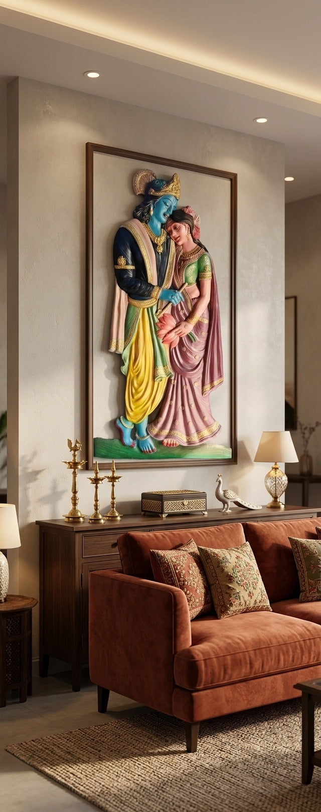 Radha Krishna Divine Love 3D Relief Sculpture Panel - Room Mockup 1