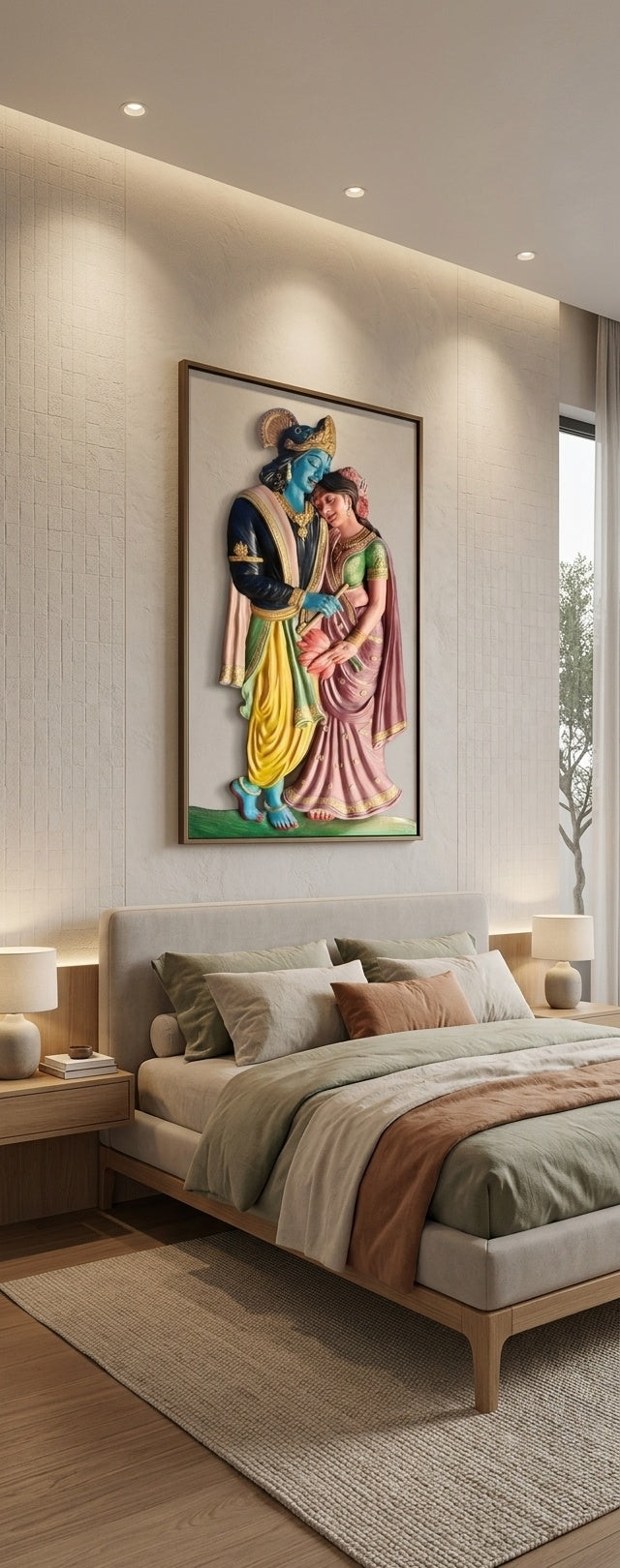 Radha Krishna Divine Love 3D Relief Sculpture Panel - Room Mockup 3