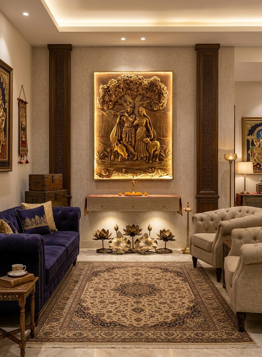 Radha Krishna under Tree LED Backlit 3D Relief Wall Art - Room Mockup 1