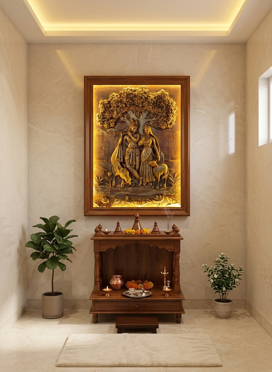 Radha Krishna under Tree LED Backlit 3D Relief Wall Art - Room Mockup 2