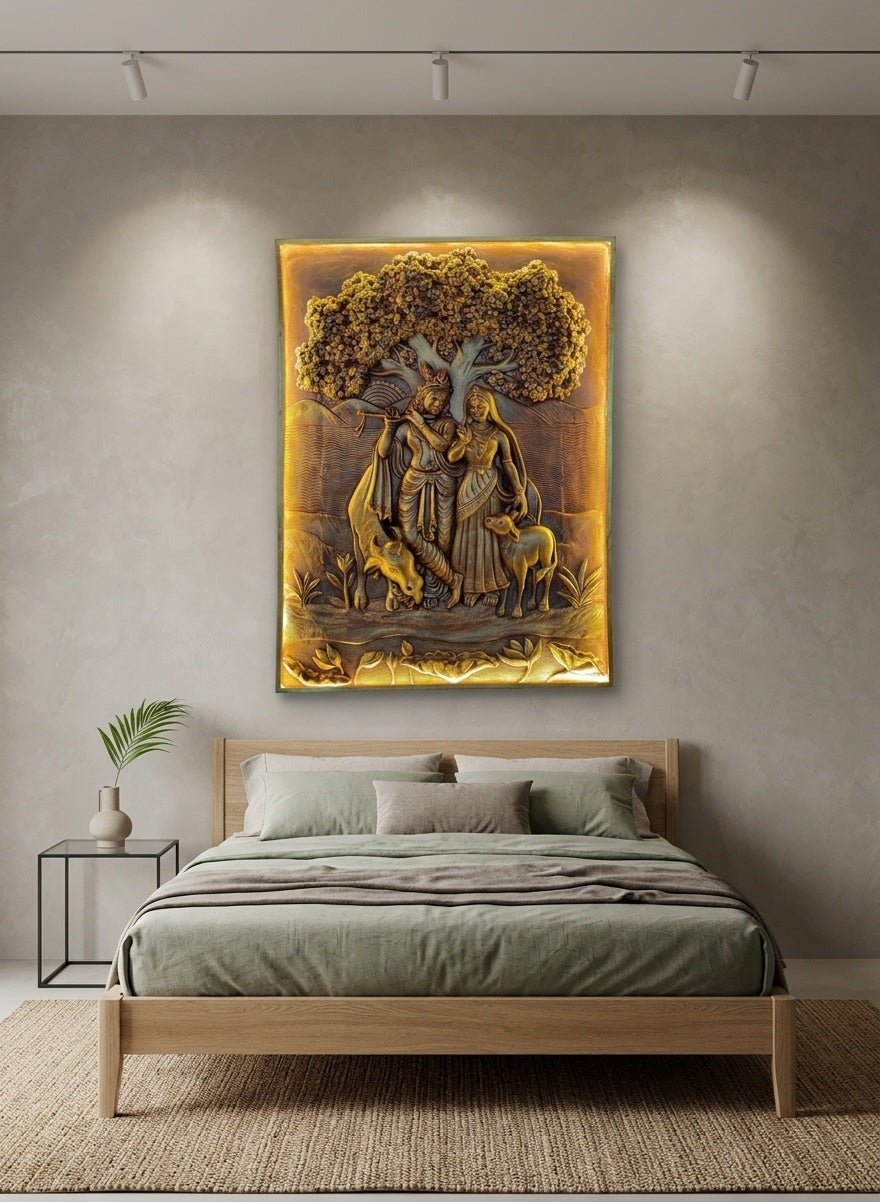 Radha Krishna under Tree LED Backlit 3D Relief Wall Art - Room Mockup 3