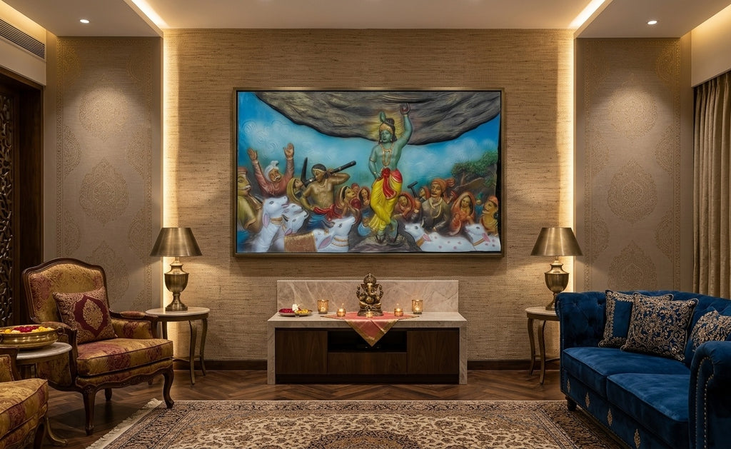 Govardhan Giridhari Krishna 3D Relief Wall Art Panel - Room Mockup 1