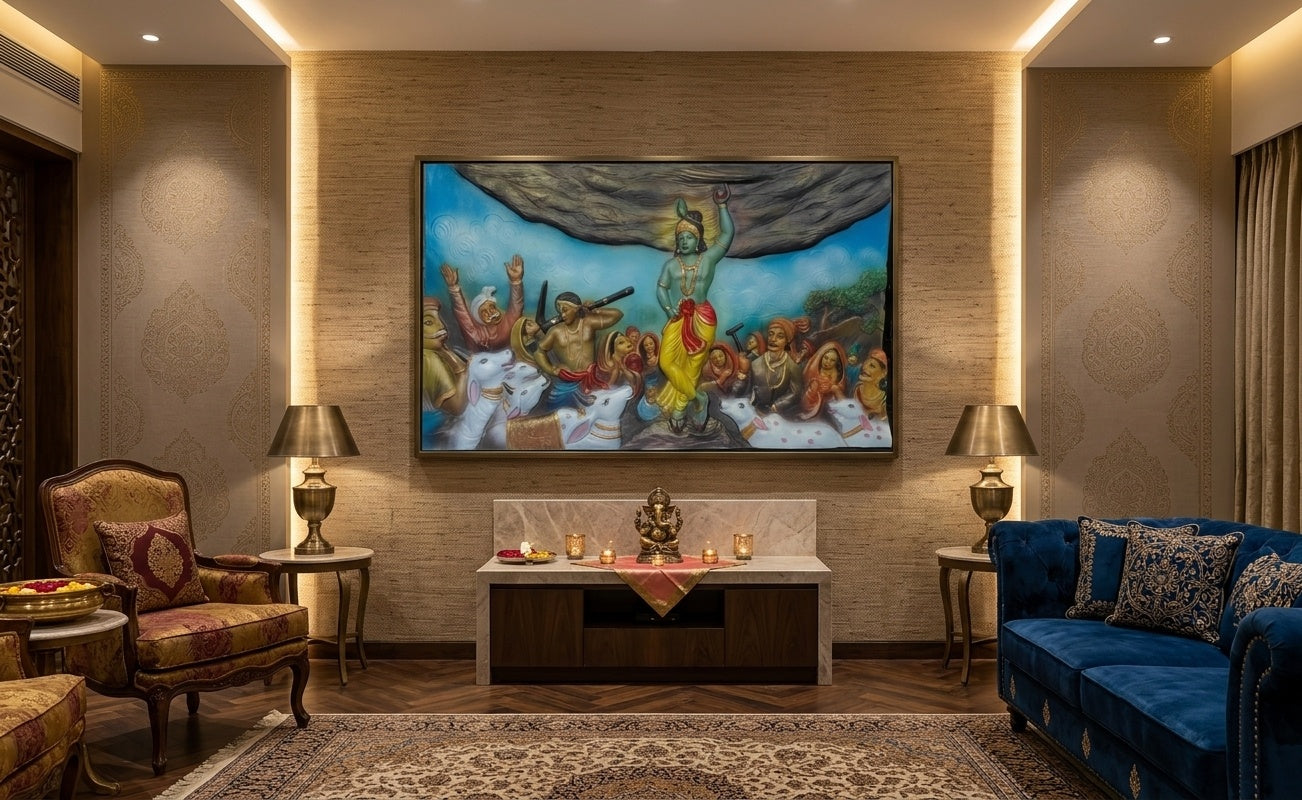 Govardhan Giridhari Krishna 3D Relief Wall Art Panel - Room Mockup 1