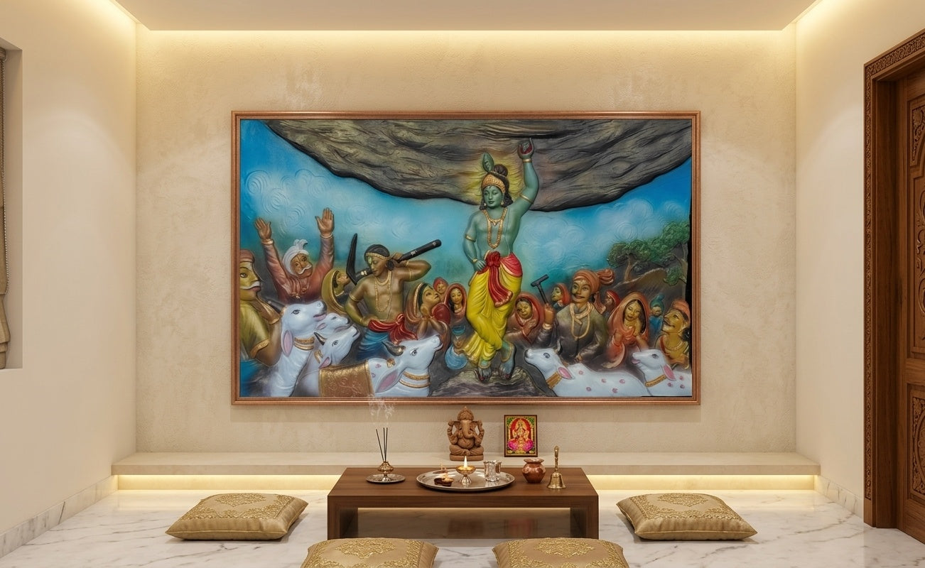 Govardhan Giridhari Krishna 3D Relief Wall Art Panel - Room Mockup 2