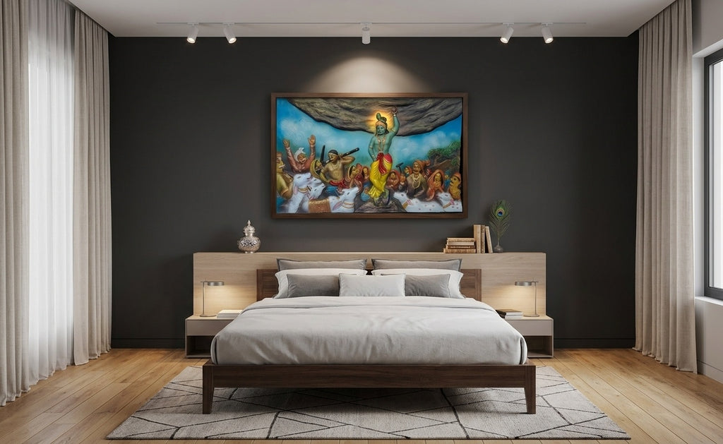 Govardhan Giridhari Krishna 3D Relief Wall Art Panel - Room Mockup 3