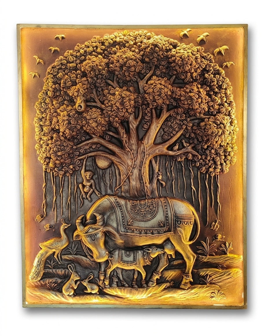 Kamadhenu Cow and Calf under Banyan Tree of Life 3D Relief Wall Art - Studio Detail