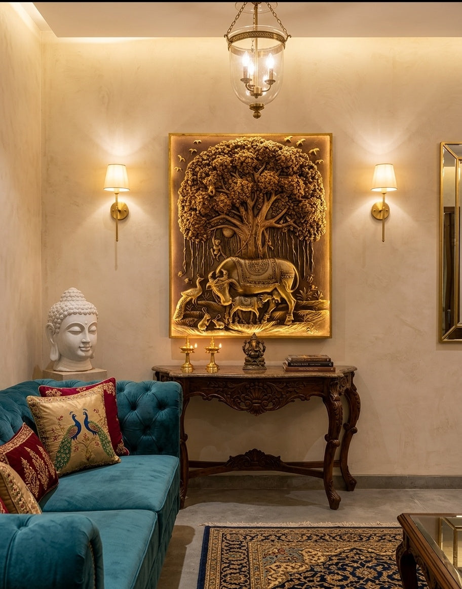 Kamadhenu Cow and Calf under Banyan Tree of Life 3D Relief Wall Art - Room Mockup 1