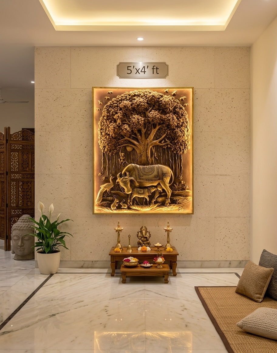 Kamadhenu Cow and Calf under Banyan Tree of Life 3D Relief Wall Art - Room Mockup 2