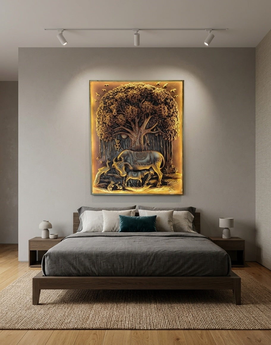 Kamadhenu Cow and Calf under Banyan Tree of Life 3D Relief Wall Art - Room Mockup 3