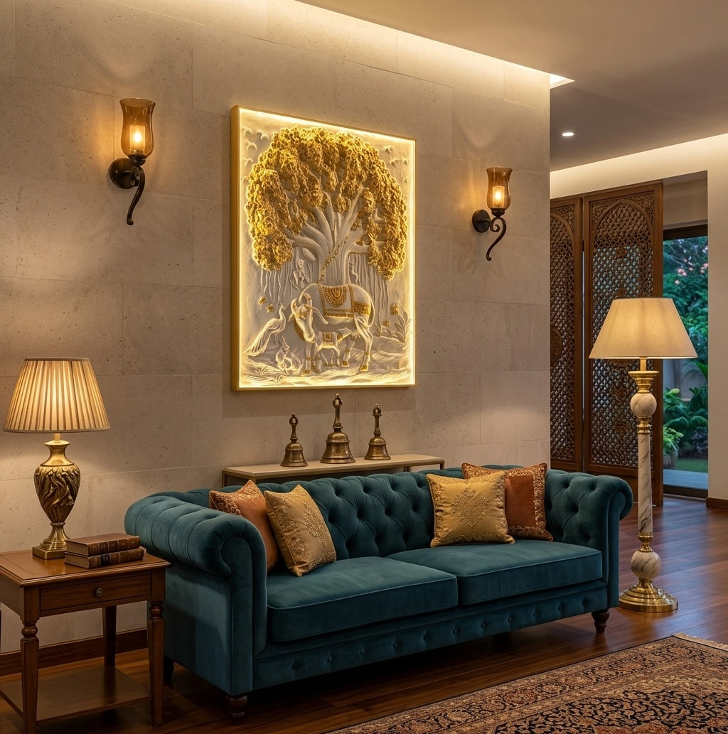 Kamadhenu Cow and Calf under Tree of Life 3D Relief Mural Panel - Room Mockup 1
