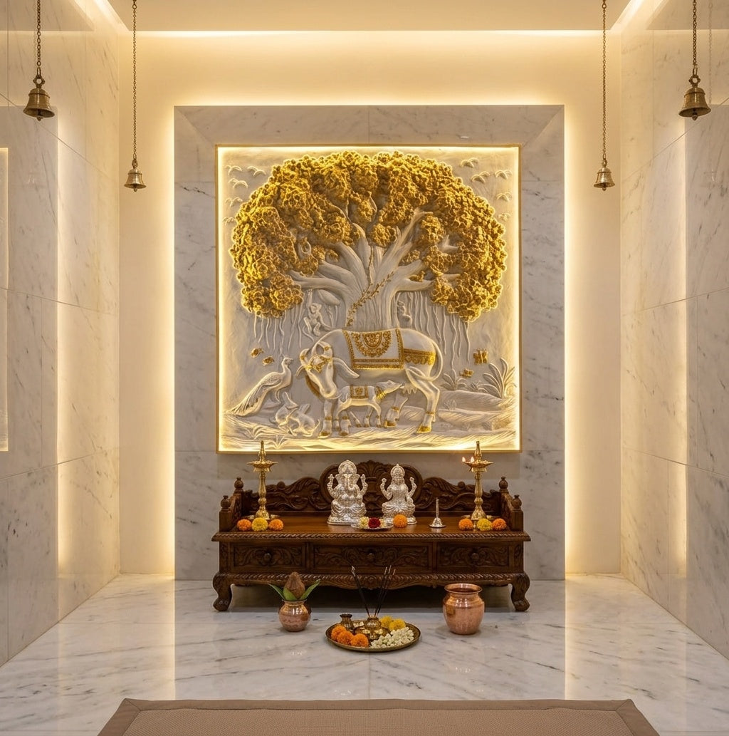 Kamadhenu Cow and Calf under Tree of Life 3D Relief Mural Panel - Room Mockup 2
