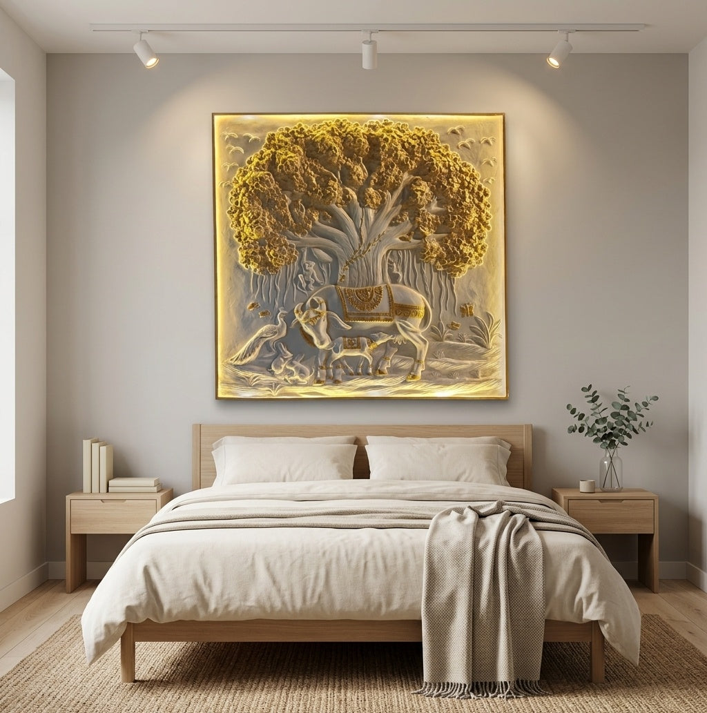 Kamadhenu Cow and Calf under Tree of Life 3D Relief Mural Panel - Room Mockup 3