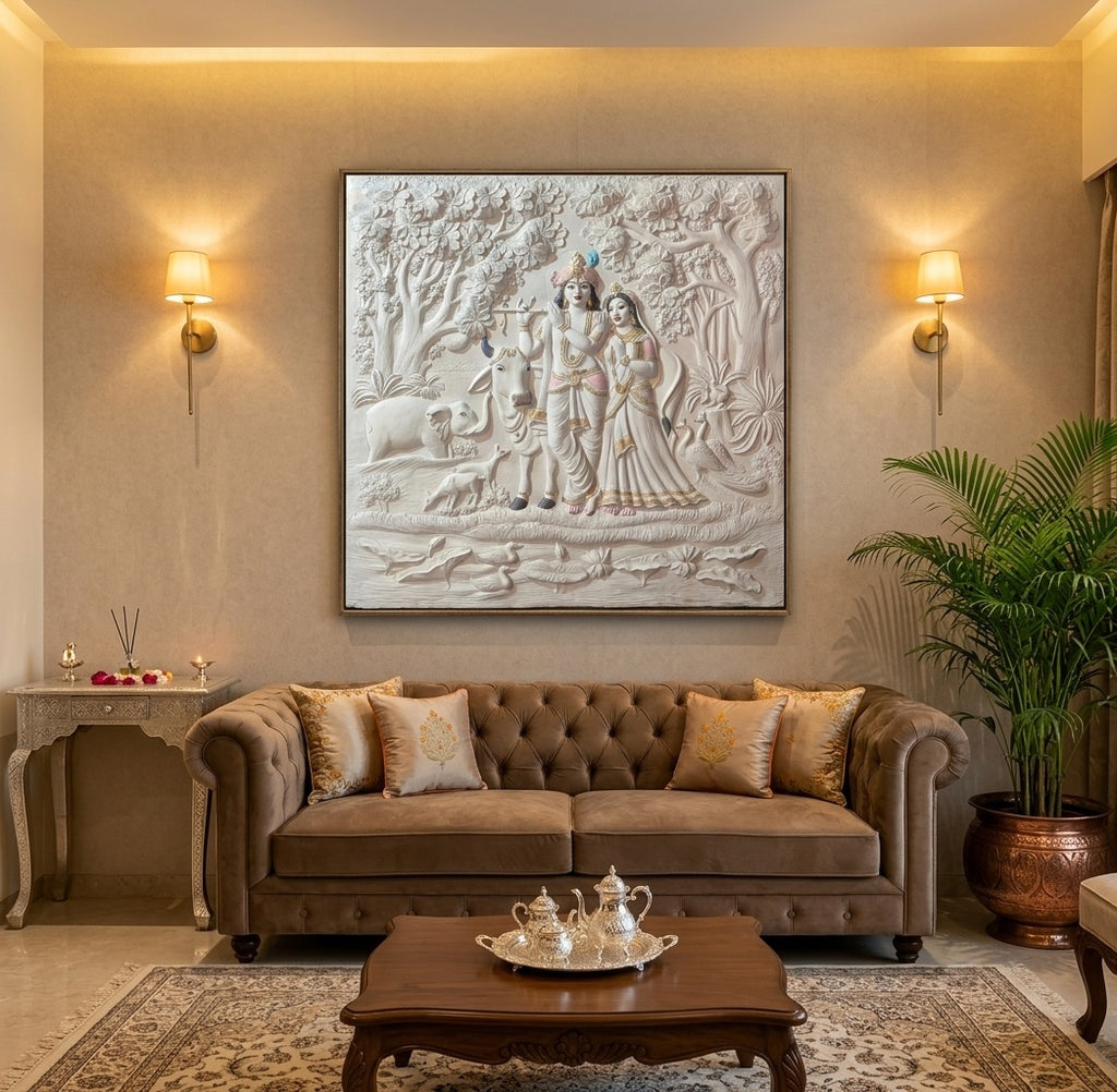 Radha Krishna Vrindavan Forest 3D Relief Mural Wall Art - Room Mockup 1