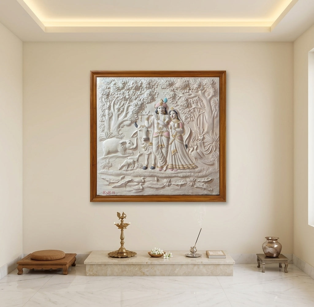 Radha Krishna Vrindavan Forest 3D Relief Mural Wall Art - Room Mockup 2