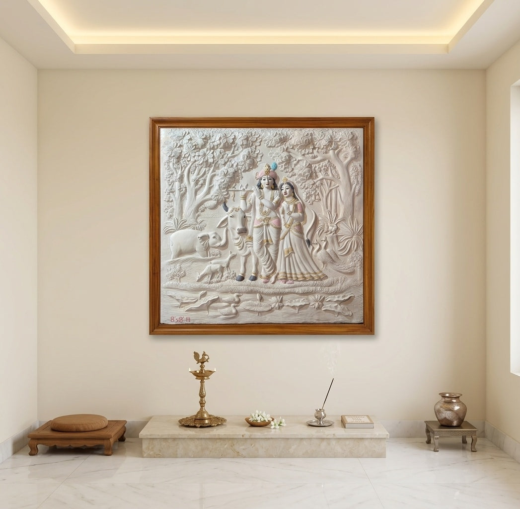 Radha Krishna Vrindavan Forest 3D Relief Mural Wall Art - Room Mockup 2