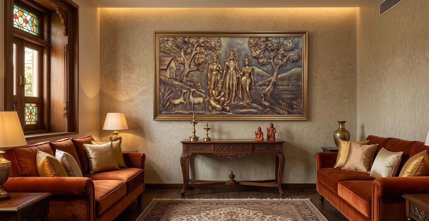 Sri Ram Darbar Vanvas 3D Relief Mural Panel - Room Mockup 1