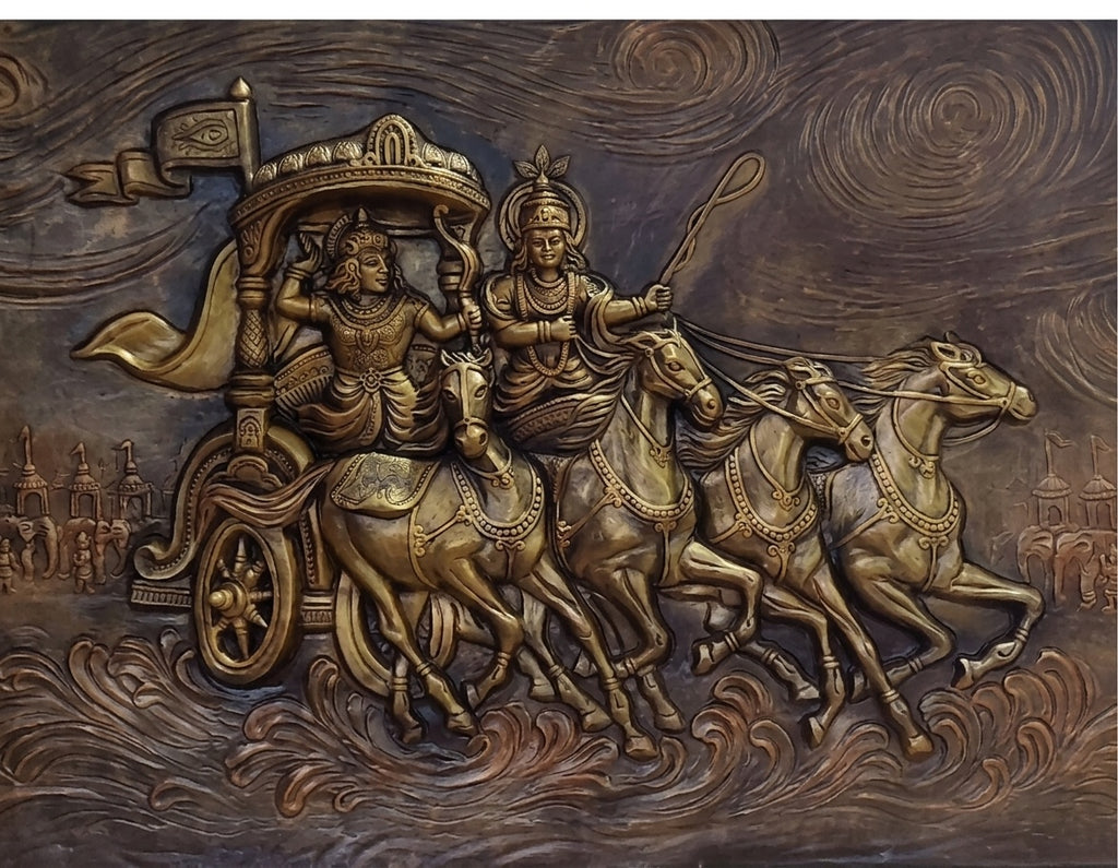 Geeta Upadesh Krishna Arjuna Chariot 3D Relief Wall Art - Studio Detail