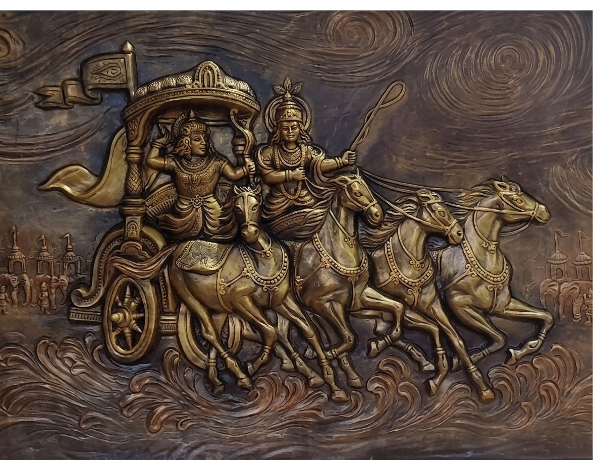 Geeta Upadesh Krishna Arjuna Chariot 3D Relief Wall Art - Studio Detail