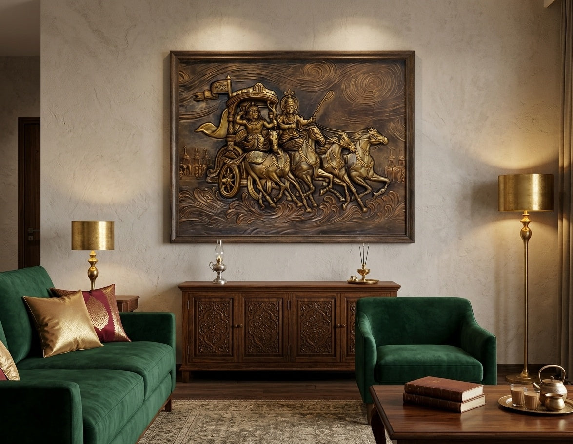 Geeta Upadesh Krishna Arjuna Chariot 3D Relief Wall Art - Room Mockup 1