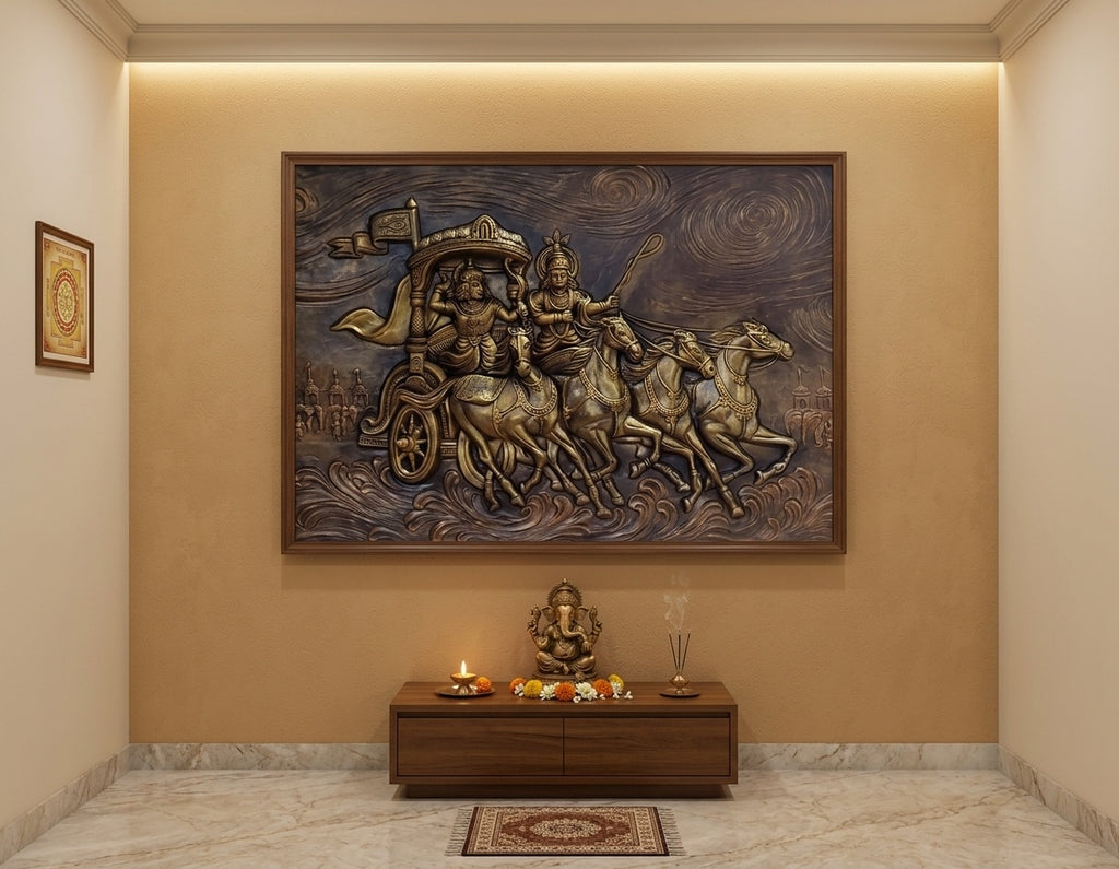Geeta Upadesh Krishna Arjuna Chariot 3D Relief Wall Art - Room Mockup 2