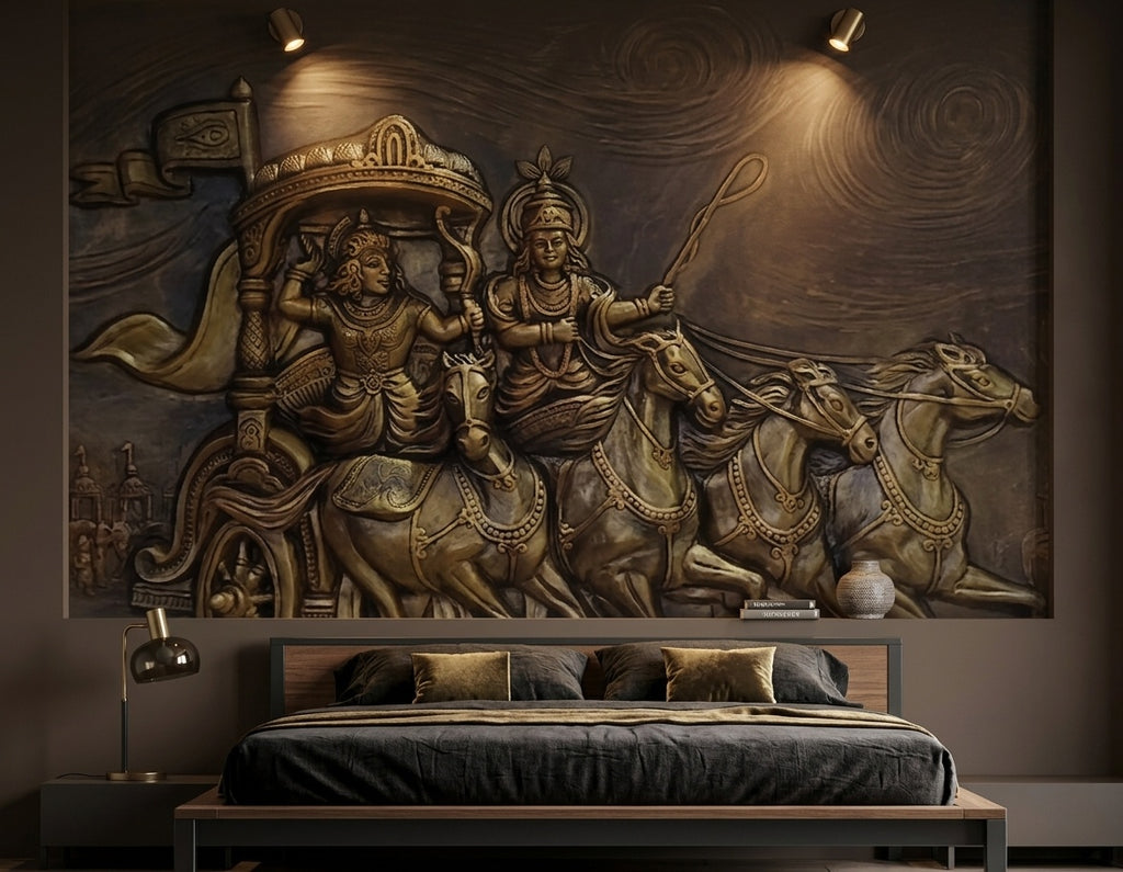 Geeta Upadesh Krishna Arjuna Chariot 3D Relief Wall Art - Room Mockup 3