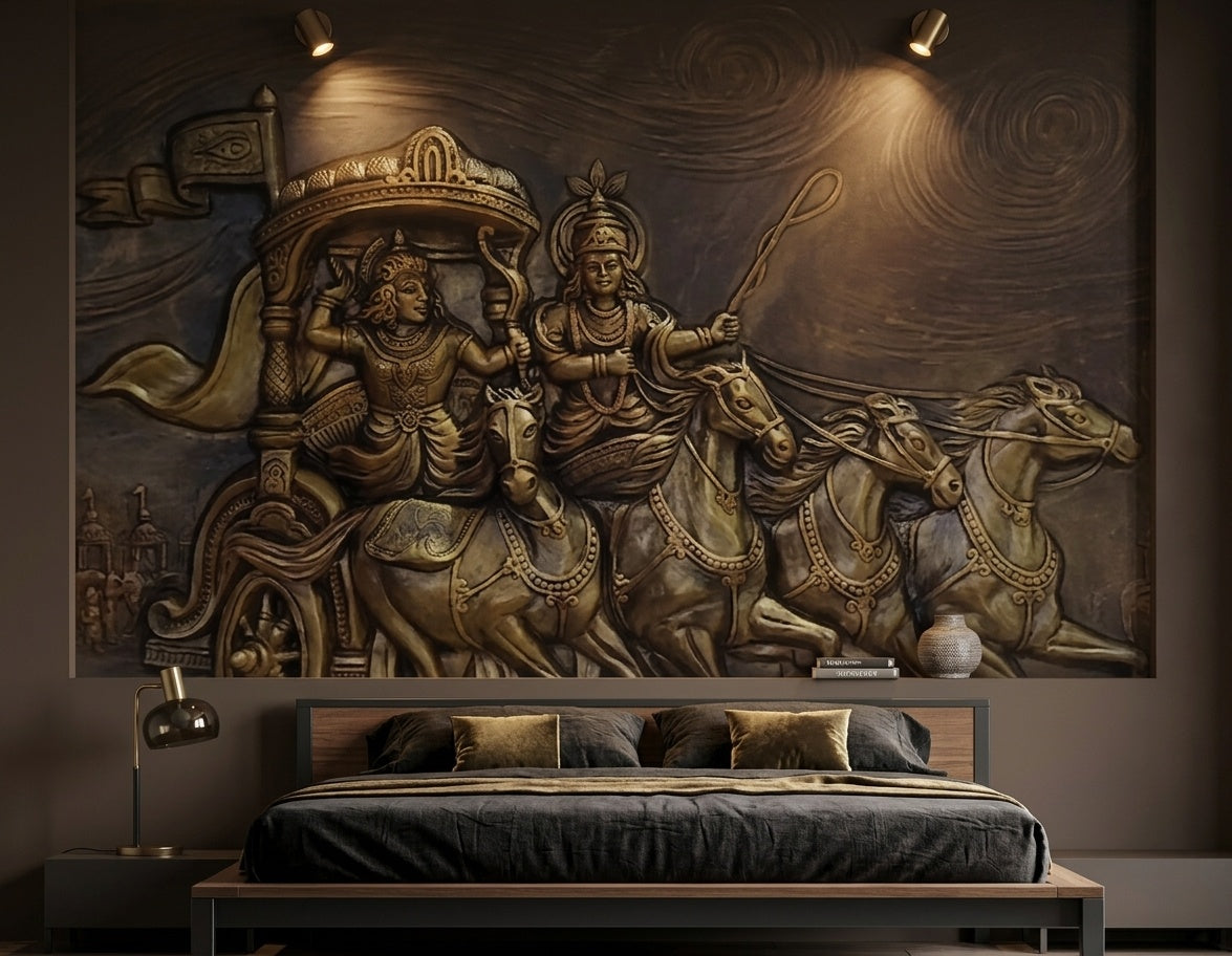 Geeta Upadesh Krishna Arjuna Chariot 3D Relief Wall Art - Room Mockup 3
