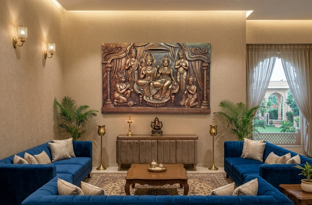 Ram Darbar Antique Bronze 3D Relief Sculpture Wall Art - Room Mockup 1