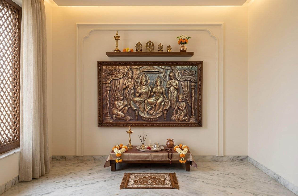 Ram Darbar Antique Bronze 3D Relief Sculpture Wall Art - Room Mockup 2