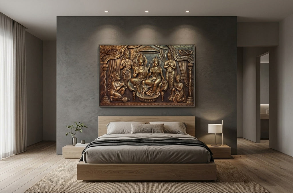 Ram Darbar Antique Bronze 3D Relief Sculpture Wall Art - Room Mockup 3