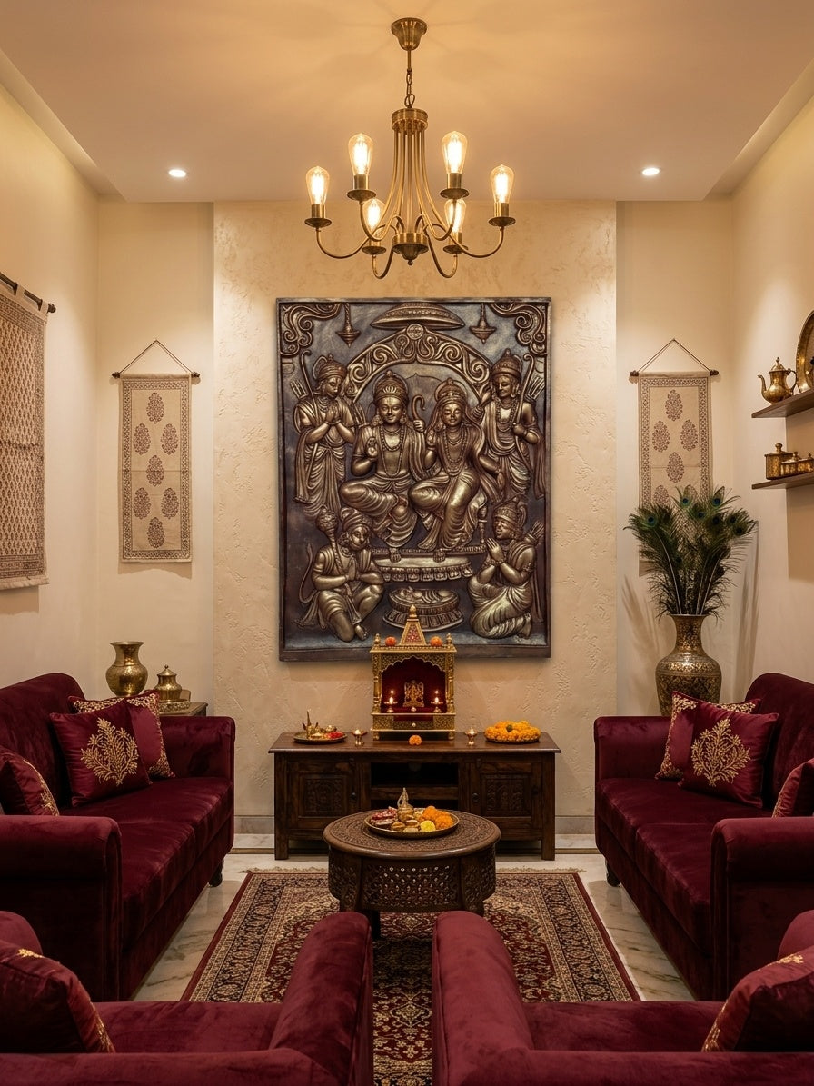 Ram Darbar Antique Gold 3D Relief Sculpture Panel - Room Mockup 1