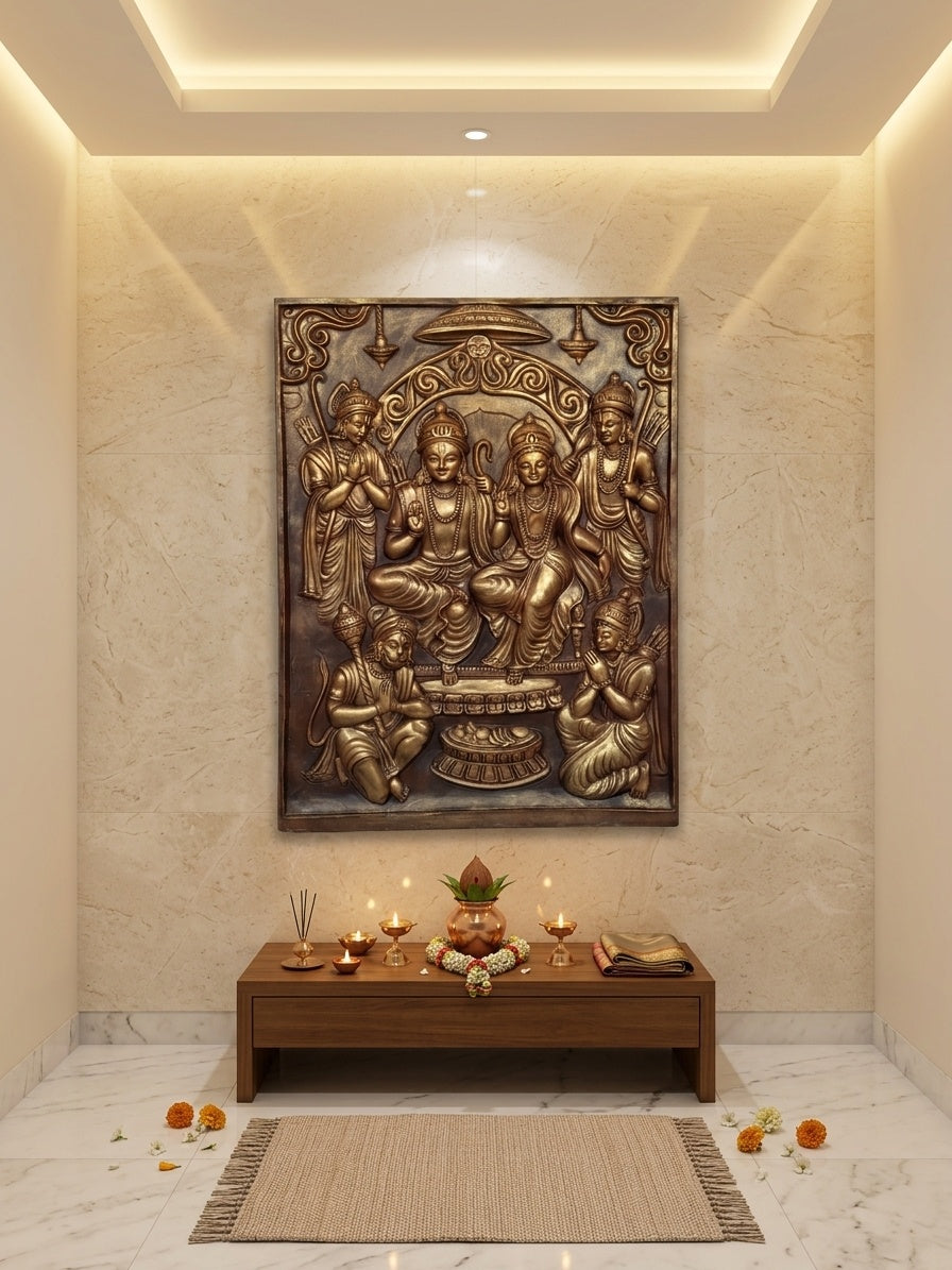 Ram Darbar Antique Gold 3D Relief Sculpture Panel - Room Mockup 2