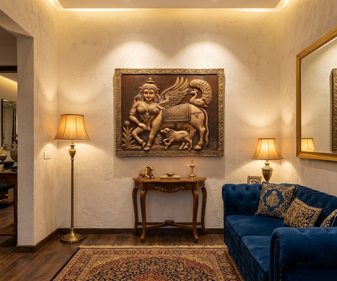 Divine Kamadhenu 3D Relief Mural Wall Art - Room Mockup 1