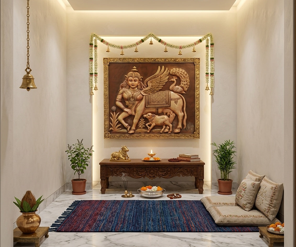 Divine Kamadhenu 3D Relief Mural Wall Art - Room Mockup 2