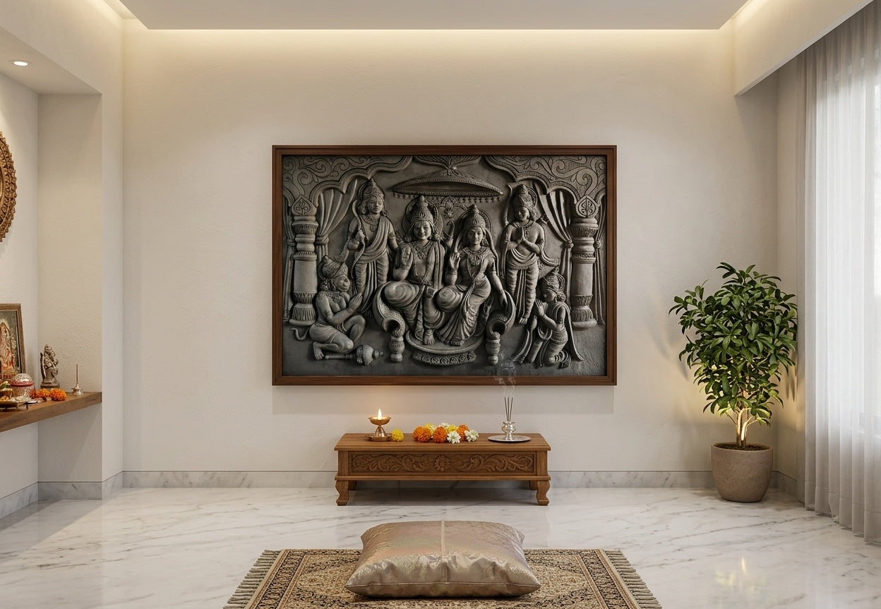 Ram Darbar 3D Relief Sculpture Mural Panel - Room Mockup 2