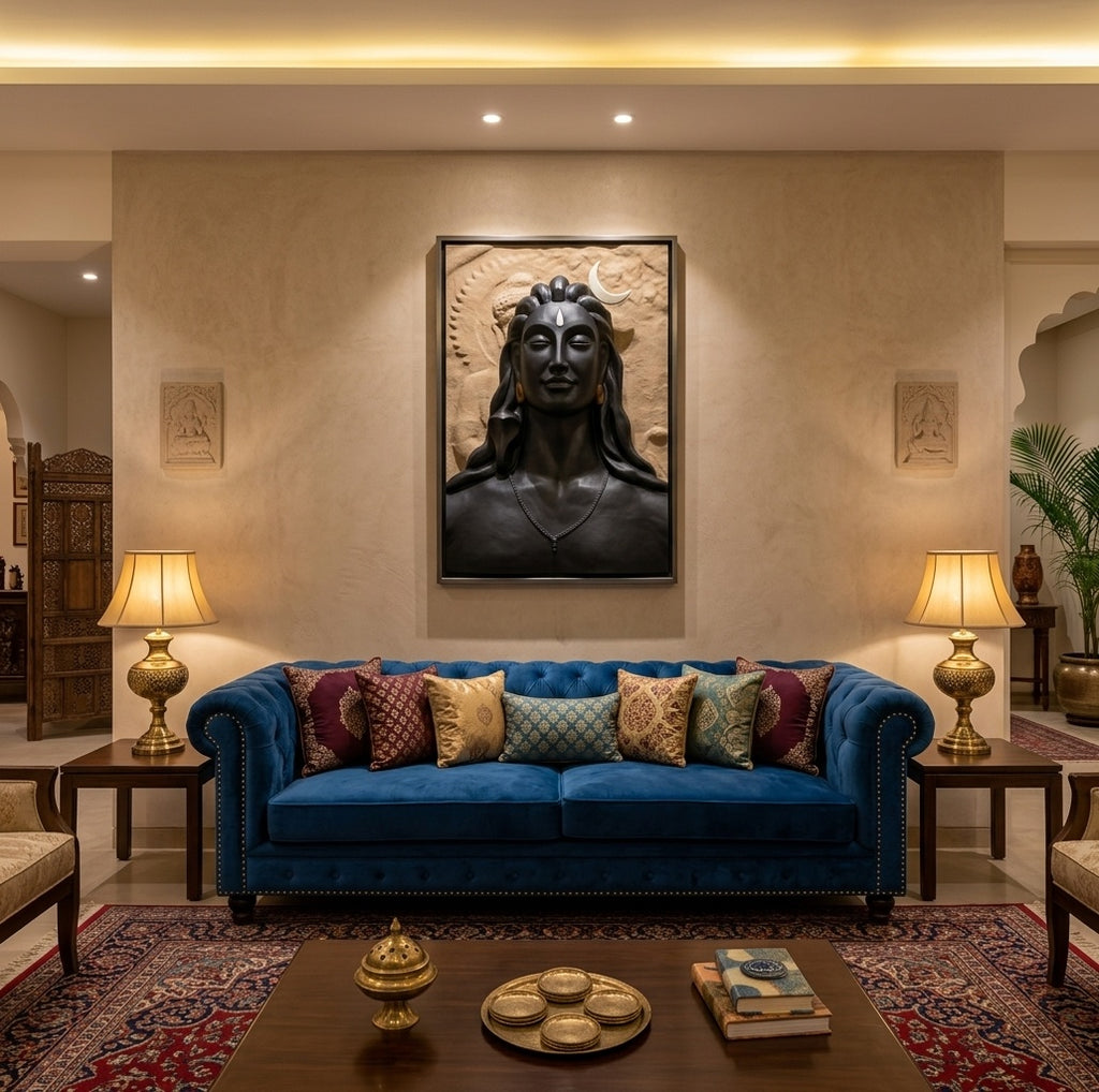 Adiyogi Lord Shiva Matte Black 3D Bust Sculpture - Room Mockup 1