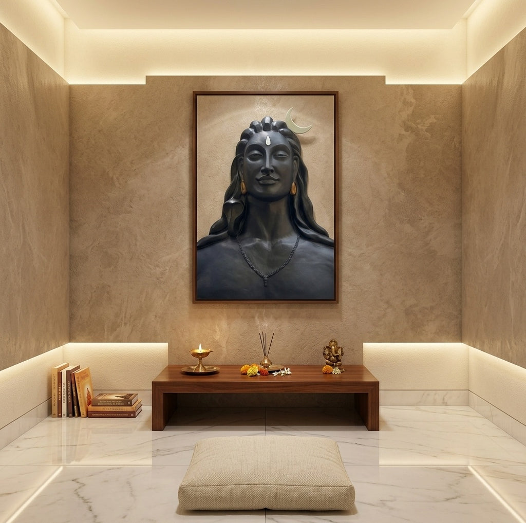 Adiyogi Lord Shiva Matte Black 3D Bust Sculpture - Room Mockup 2