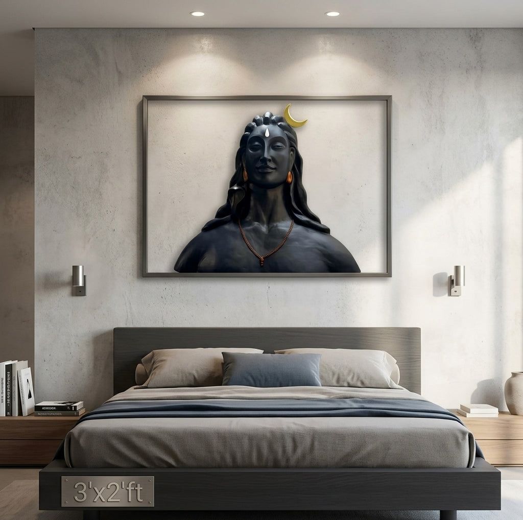 Adiyogi Lord Shiva Matte Black 3D Bust Sculpture - Room Mockup 3