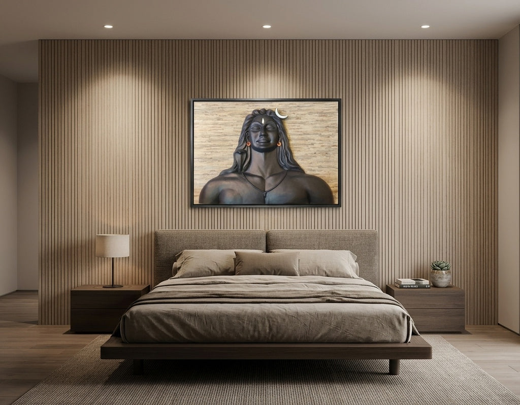 Adiyogi Lord Shiva 3D Relief Sculpture Wall Art - Room Mockup 3