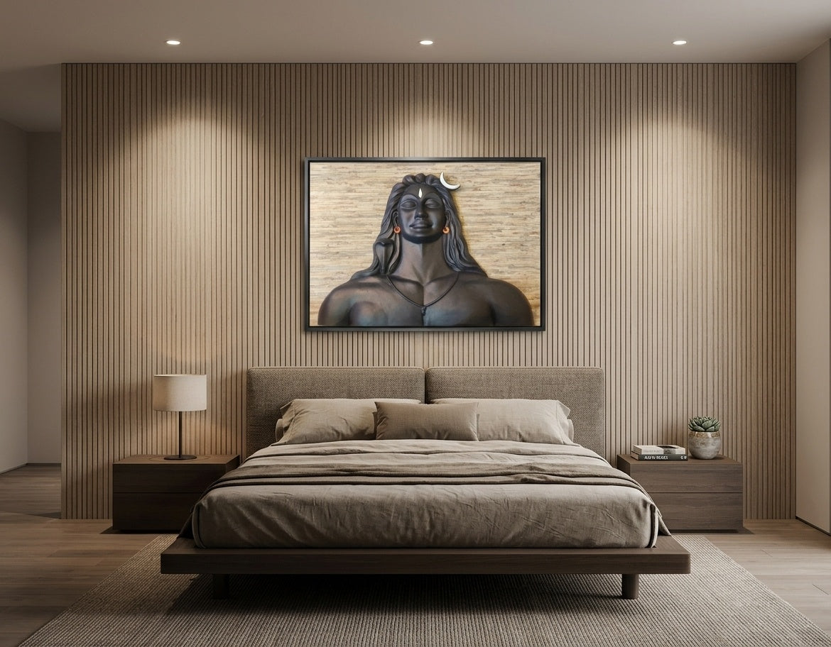 Adiyogi Lord Shiva 3D Relief Sculpture Wall Art - Room Mockup 3
