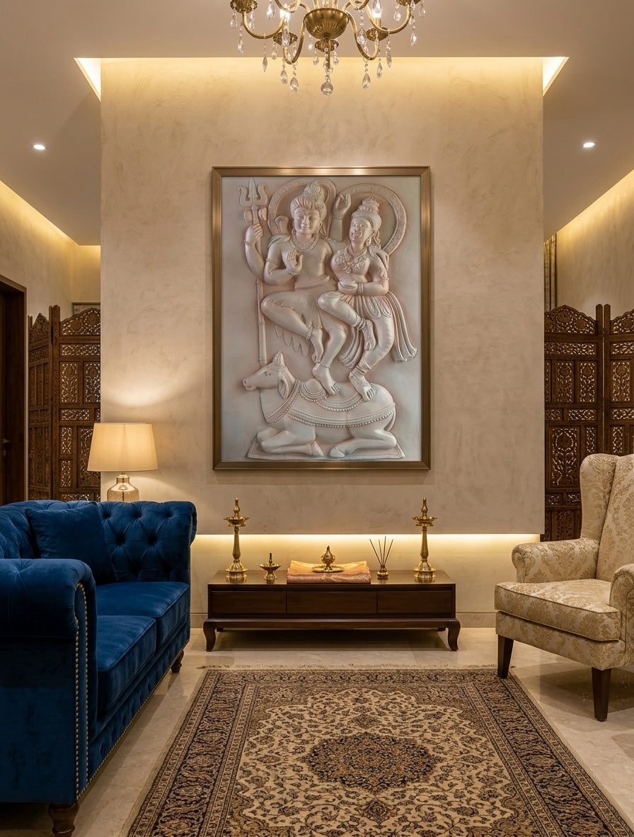 Shiva Parvati on Nandi 3D Relief Wall Art Mural - Room Mockup 1