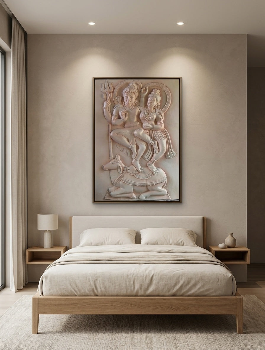 Shiva Parvati on Nandi 3D Relief Wall Art Mural - Room Mockup 3