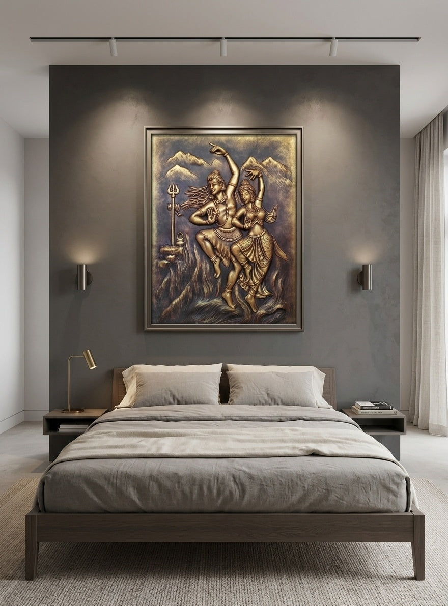 Shiva Parvati Divine Dance 3D Relief Wall Art Panel - Room Mockup 3