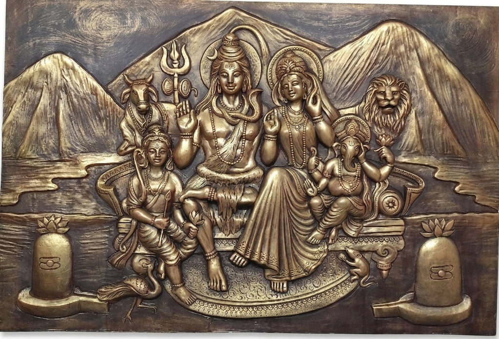 Shiva Parivar 3D Relief Mural Wall Art (Antique Gold Finish) - Studio Detail