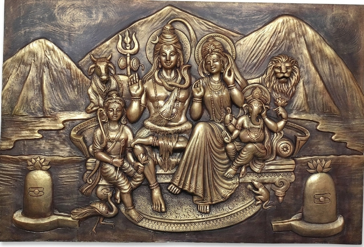 Shiva Parivar 3D Relief Mural Wall Art (Antique Gold Finish) - Studio Detail
