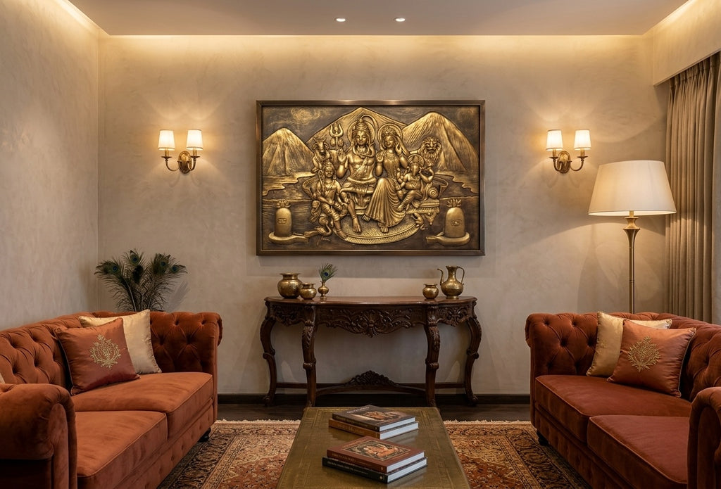 Shiva Parivar 3D Relief Mural Wall Art (Antique Gold Finish) - Room Mockup 1