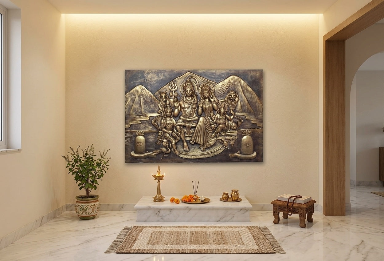 Shiva Parivar 3D Relief Mural Wall Art (Antique Gold Finish) - Room Mockup 2