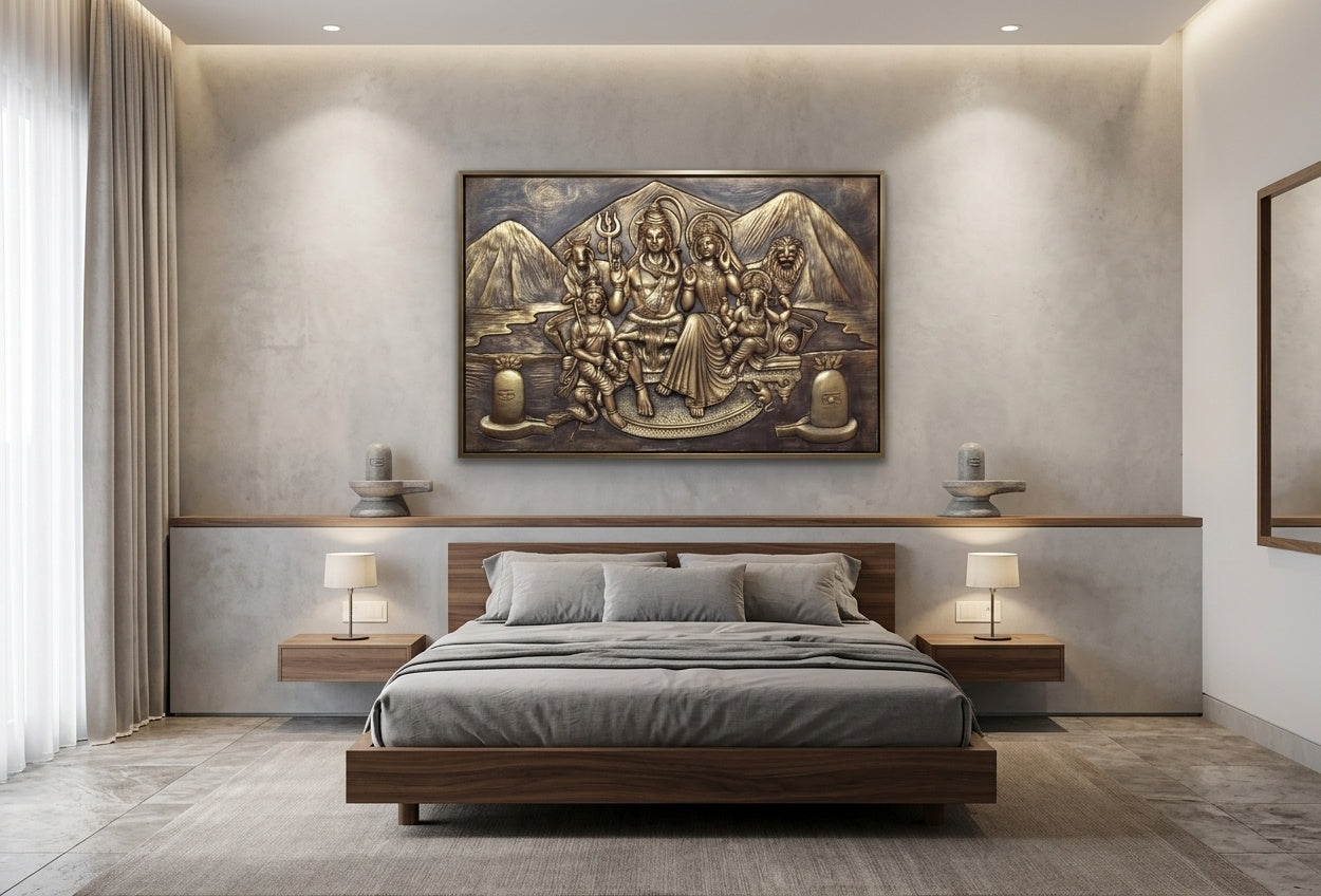 Shiva Parivar 3D Relief Mural Wall Art (Antique Gold Finish) - Room Mockup 3
