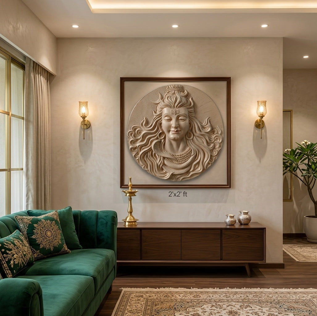 Lord Shiva Face 3D Relief Wall Art Sculpture - Room Mockup 1